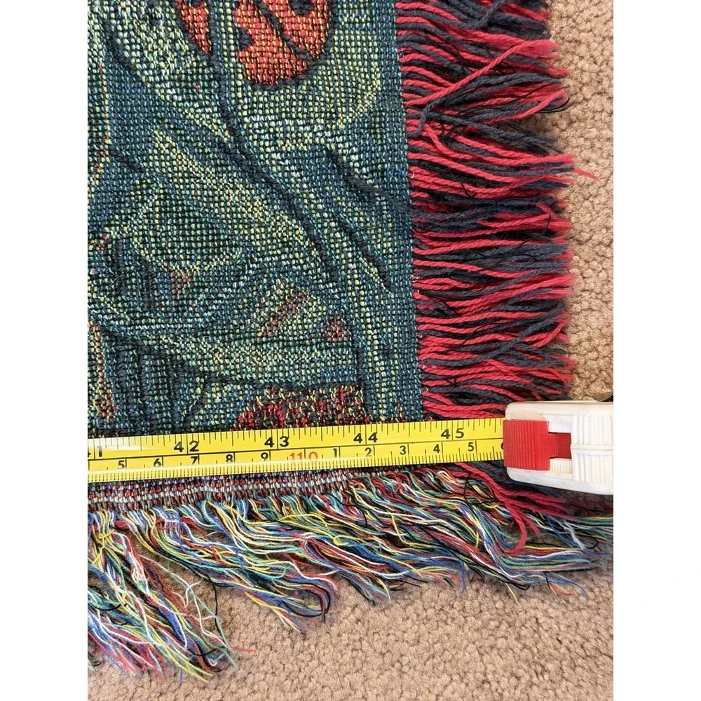 Lady Bug Butterfly Boho Vtg Woven Blanket Throw fringe Red Green 58.5